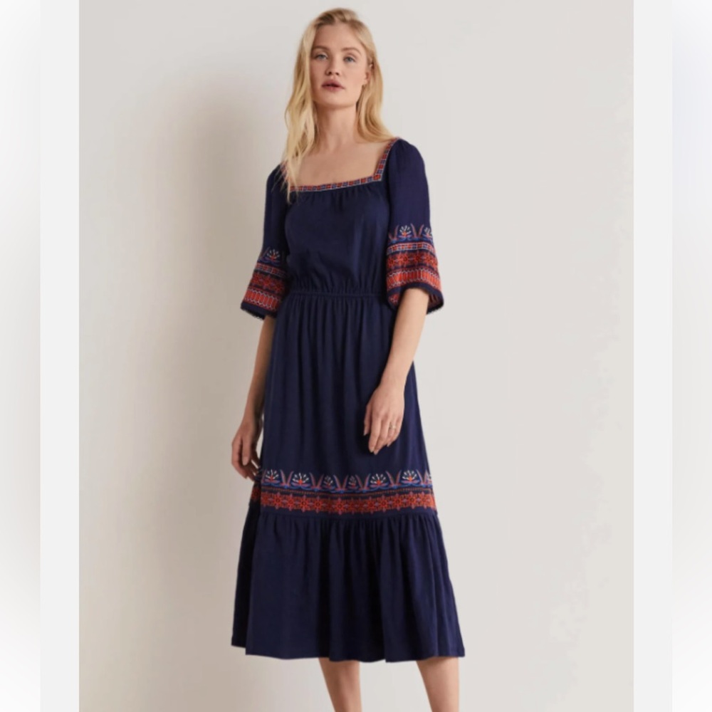 Boden Navy Midi Dress with Red & Orange Embroidery